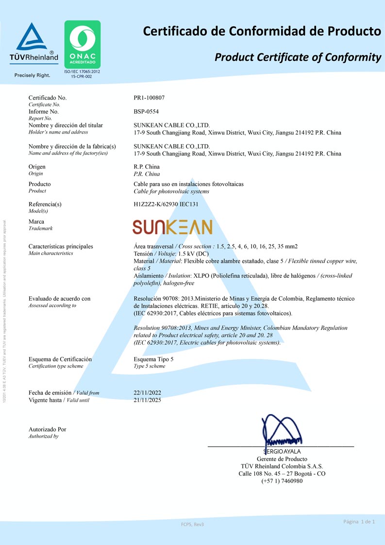 RETIE Solarkabel-Zertifikat
